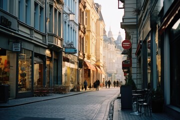 Fototapeta premium European Street Serenity: A Daylight Journey through Historic Cobblestone Roads Generative ai