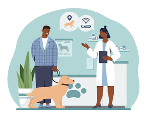 Microchipping for pets concept. Man with dog in veterinary clinic. Veterinarian and doctor in medical uniform sets locator to domestic animal. Healthcare and support. Cartoon flat vector illustration