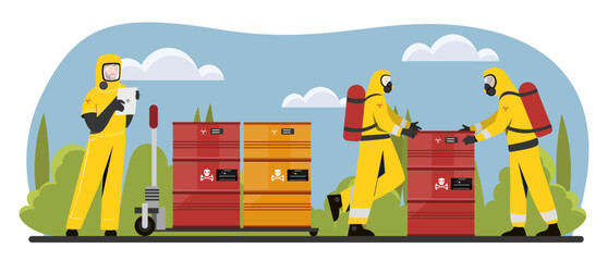People with toxic waste concept. Workers in protective suits near waste colorful barrels. Pollution of nature and ecology, radiation and chemical trash. Cartoon flat vector illustration