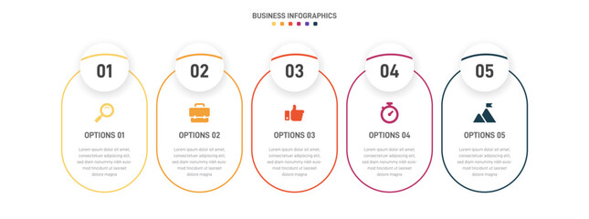 Timeline infographic with infochart. Modern presentation template with 5 spets for business process. Website template on white background for concept modern design. Horizontal layout.