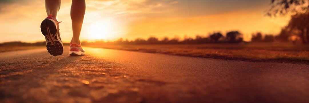 Banner, close up of runner's trainers, running on long straight road into a setting sun.