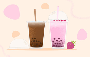 Set of bubble tea concept. Beverage and aroma. Tasty hot drinks. Menu for cafe or restaurant, catering. Coffee or tea with strawberry and fruits. Poster or banner. Cartoon flat vector collection