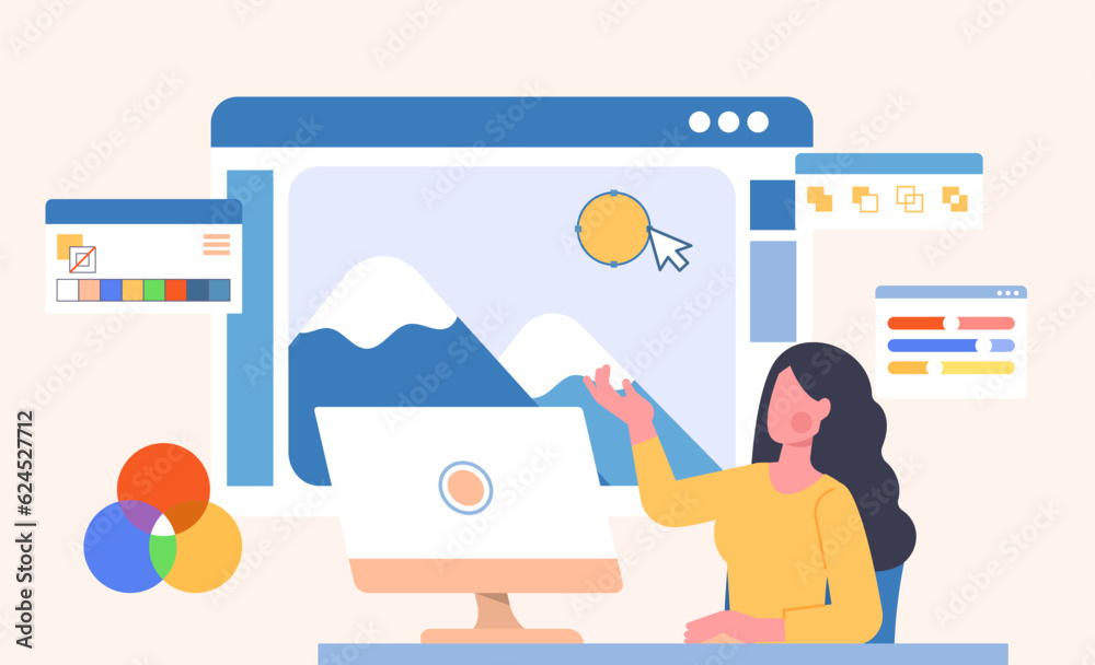 Poster designer work at project concept. woman with computer develops interface for website. ui and ux desi