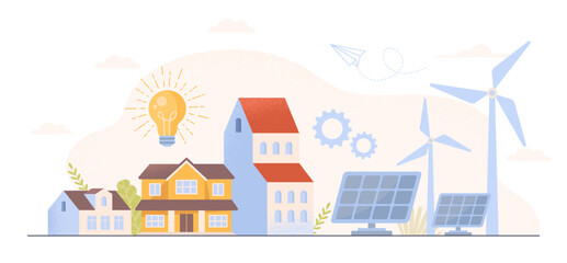 Obraz na płótnie Canvas Ecological energy concept. Solar panels and windmills next to house and building. Caring for nature and ecology, reducing release of hazardous waste into atmosphere. Cartoon flat vector illustration