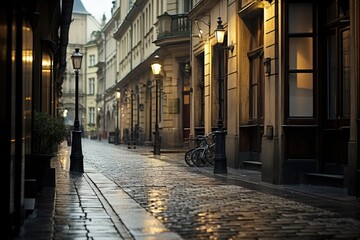 Obraz premium European Street with Old Stone Buildings and Clean Cobbled Paths Generative AI