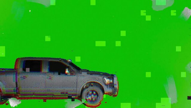 Car show screensaver element with big pickup trucks. for Animation of vhs glitch effect and gird network processing. Animation of sparks from fire, scratch and grunge effects.