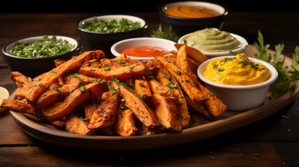 Fototapeta premium A platter of crispy and seasoned sweet potato fries, accompanied by a tangy dipping sauce