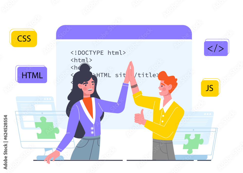 Poster web development teamwork concept. man and woman developing mobile application or program, software a