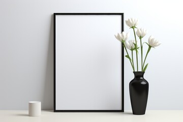 Mockup frame, Black Mockup Frame Contrasting on a Minimalist White Table, Generative AI