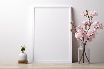 Mockup frame, Kitchen Mockup Frame on a Clean White Background with Orchid Accents. Generative AI