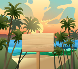 Wooden plaque on tropical beach with palm trees. Board wooden shield for inscription. Sign with place for text. Cartoon fun style. Flat design. Vector.