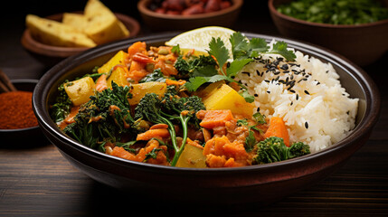 Fototapeta na wymiar A bowl of hearty and fragrant vegetable curry, packed with spices and served with steamed rice