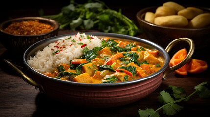 A bowl of hearty and fragrant vegetable curry, packed with spices and served with steamed rice