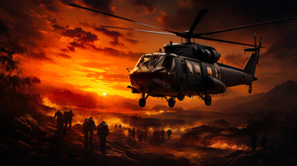 Fototapeta na wymiar Modern military helicopter soaring in the air. Troop of soldiers with backpacks are going by the rocky landscape at sunset. Generative AI.