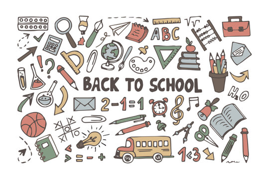 Back to school set in doodle style isolated on white background.Doodle lettering and school object collection. Sketch icon.Vector illustration.
