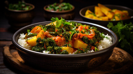 A bowl of hearty and fragrant vegetable curry, packed with spices and served with steamed rice