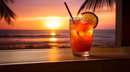  cocktail on a beach cafe table on a tropical island during sun set,  summer vacation concept