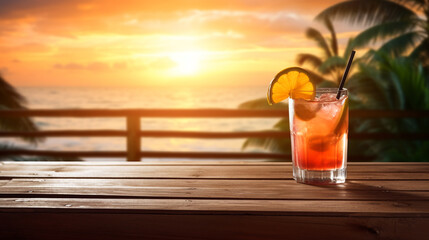 cocktail on a beach cafe table on a tropical island during sun set, Created using generative AI tools.