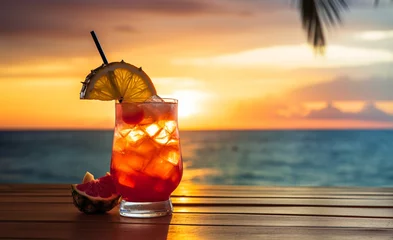 Poster de jardin Coucher de soleil sur la plage  cocktail on a beach cafe table on a tropical island during sun set,  Created using generative AI tools.