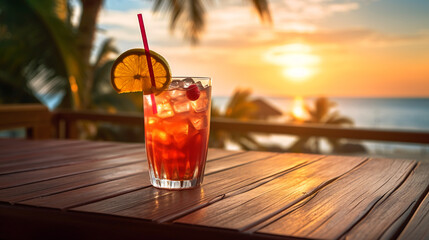  cocktail on a beach cafe table on a tropical island during sun set,  Created using generative AI tools.