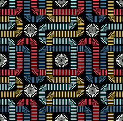 Decorative composition of intersecting dashed lines on a black background. Retro style labyrinth design. Seamless geometric pattern. Graphic texture for textile, wrapping,  and print.