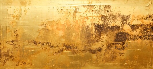 Golden distressed metal background. Ancient, grungy, rusty, peeling gold. Rough paint. Dirty, grunge, glitch pattern. Aged, dark, metal effect. Generative AI.