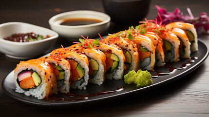A plate of vibrant vegetable sushi rolls, made with fresh ingredients and served with soy sauce and wasabi