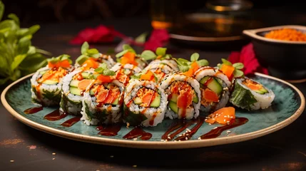 Selbstklebende Fototapeten A plate of vibrant vegetable sushi rolls, made with fresh ingredients and served with soy sauce and wasabi © Milan