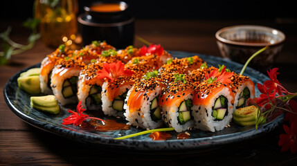 A plate of vibrant vegetable sushi rolls, made with fresh ingredients and served with soy sauce and wasabi