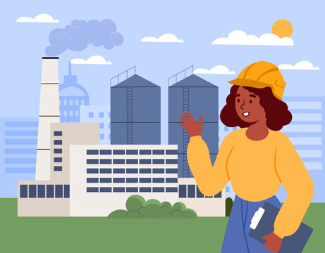 Woman at ecology factory concept. Young girl in protective helmet near buildings. Alternative energy sources for production, reduction of emissions into atmosphere. Cartoon flat vector illustration