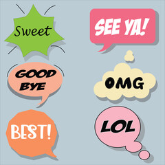 Vector illustration - Hand drawn speech bubble. Set with text (hi, hello, hey). Speech bubble colorful set.