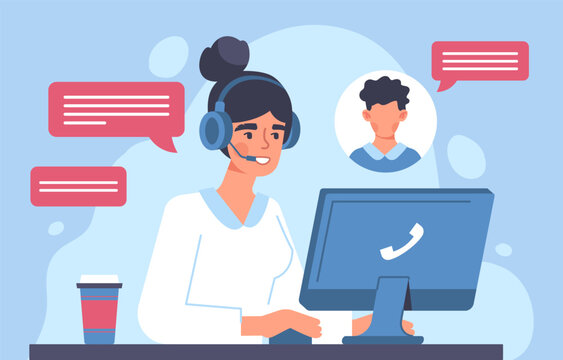 Woman In Call Center Concept. Young Girl Sits In Headphones At Computer And Answers Questions From Customers. Technical Support, Hot Line. Consultant And Assistant. Cartoon Flat Vector Illustration