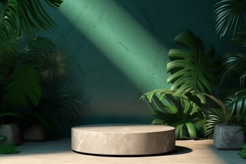 Stone platform pedestal in tropical forest for product presentation. Generative ai