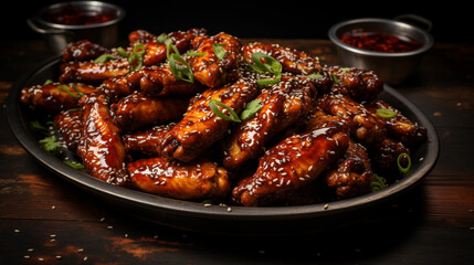 A tray of golden-brown chicken wings, glazed with a sticky barbecue sauce