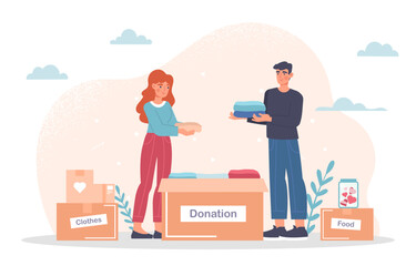 People with donation boxes concept. Man and woman ith clothes for foundation. Charity and kindness, generosity. Aid, support and care. Activists and volunteers. Cartoon flat vector illustration