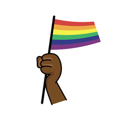 Rainbow flag. Brown dark skin hand holding lgbt flag. Pride month. Diversity.