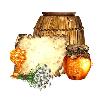 recommend clip art: Honey in a glass jar and a wooden barrel. Against the background of old parchment for the inscription with field daisies. Watercolor hand drawn illustration. For packaging and labels, postcards.