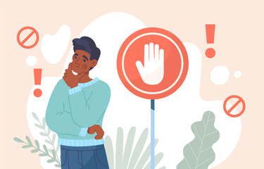 Man with forbidden gesture concept. Young guy near red sign with hand silhouette. Refusal and ban. Character with error and failure. Danger or safety caution. Cartoon flat vector illustration - obrazy, fototapety, plakaty
