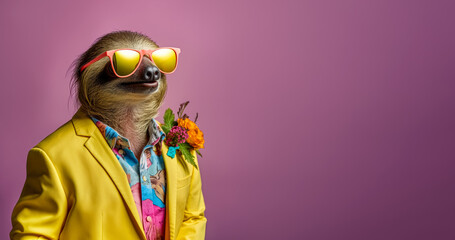Cool looking sloth wearing funky fashion dress - jacket, shirt, glasses. Wide banner with space for text at side. Stylish animal posing as supermodel. Generative AI