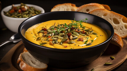 A bowl of creamy and aromatic butternut squash soup, sprinkled with toasted pumpkin seeds