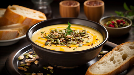 A bowl of creamy and aromatic butternut squash soup, sprinkled with toasted pumpkin seeds