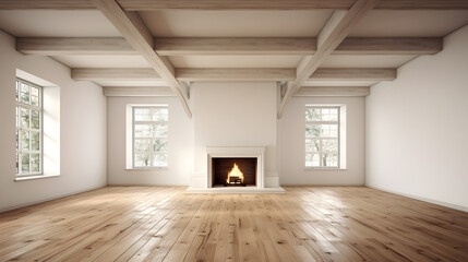 White room with wooden flooring and ceiling beams. fire place on right. wide format 
