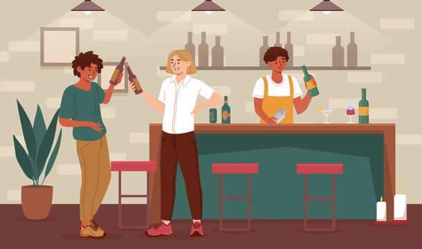 Man drink in bar concept. Young guy and girl with bottles of alcoholic drinks. People rest in pub or cafe. Party or event, disco. Bevrage and alcohol. Cartoon flat vector illustration
