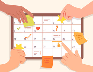 People and schedule concept. Sticky notes in office. Calendar and scheduling, planning. Organization of effective workflow and time management at workplace. Cartoon flat vector illustration