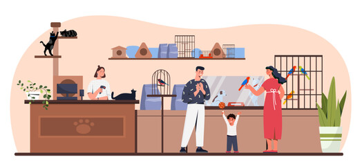People at pet shop concept. Men and women with children choose cats and dogs, buy goods for their pets. Support love and care about domestic animals. Cartoon flat vector illustration