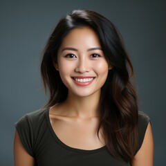 Fototapeta premium Portrait of a smiling young Asian woman with black hair on a gray background. Happy adult Asian woman with a smile in a shirt with long wavy hair. Cheerful Asian woman with shiny white teeth.