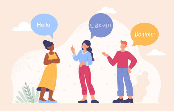 People speaking different languages concept. International communication and interaction. Man and women with colorful speech bubbles. . Cartoon flat vector illustration