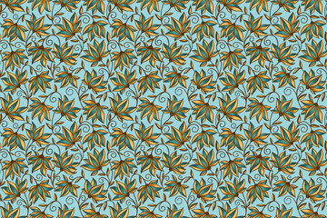 Graphic seamless italian pattern with tender flowers, branches and leaves in gold and green colors on light blue background. Hand drawn illustration with colored pencils texture