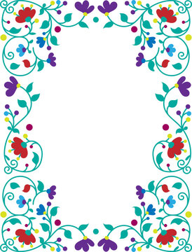 Mexican otomi embrodery ornament, frame. Colorful Mexican Traditional Textile Embroidery Style. Folk otomi style graphic, wallpaper. Festive mexican floral motif.