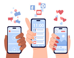 Social life concept. Characters holding smartphones with social networks and messengers. Internet communication, chat and dialogue online. Wireleess connection. Cartoon flat vector illustration